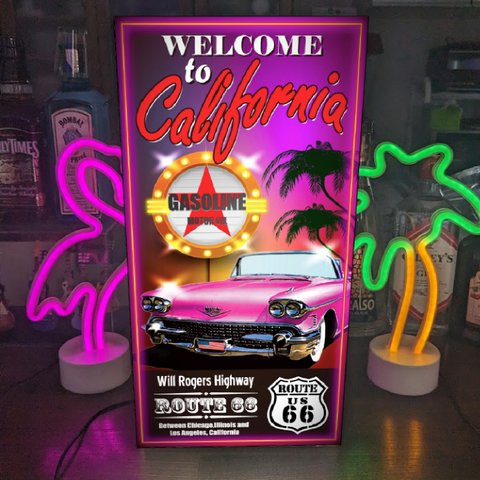 【Lサイズ】ルート66 アメ車 カリフォルニア ガソリンスタンド 店舗 自宅 ガレージ ランプ 看板 置物 雑貨 ライトBOX 電飾看板 電光看板