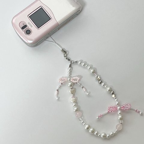 beads strap Câlin〈リボンストラップ〉〈ビーズストラップ〉〈スマホストラップ〉