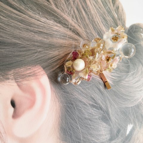 レジンポニーフック　お花と泡　 ピンク ヘアアクセサリー