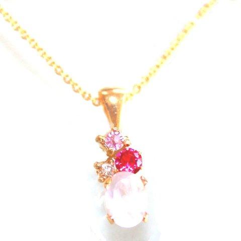 k18gp Ruby & Diamond & Pink Sapphire & Rose Quartz Necklace