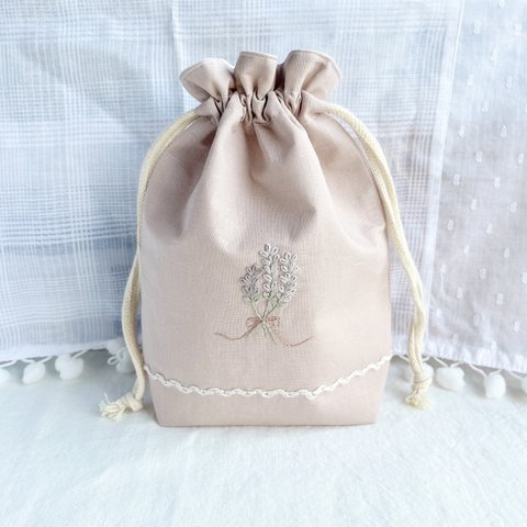 ラベンダー手刺繍のコップ袋/ベビーピンク