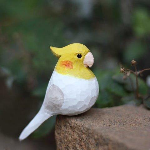 【オカメインコ】鳥好きさんへのプレゼント 置物 木彫り 文鳥 天然木 彫刻 受注制作