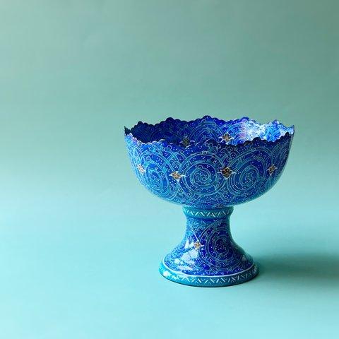 ペルシャの飾り皿（ミーナーカーリー）ネイビーM　Φ10ｃｍ　高坏　コンポート皿【MINAKARI-P002】