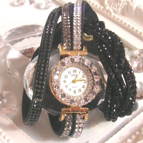 leather bracelet jewel watch ・Black