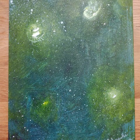 絵画★原画（1点限り）「緑の宇宙（Green Universe）」（アクリル水彩画 2021年11月1日製作）【夜空・星・宇宙・手描き・芸術・アート】