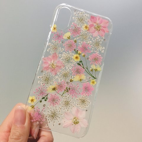 【全機種対応】淡い色味のふんわりデザイン★押し花スマホカバー