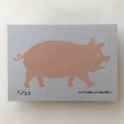 ブタ　豚　木版画  ポストカードサイズ