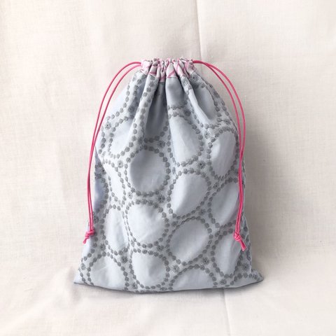 【即納】《給食袋・巾着袋》入園入学グッズ　サークル　刺繍　ピンクストライプ