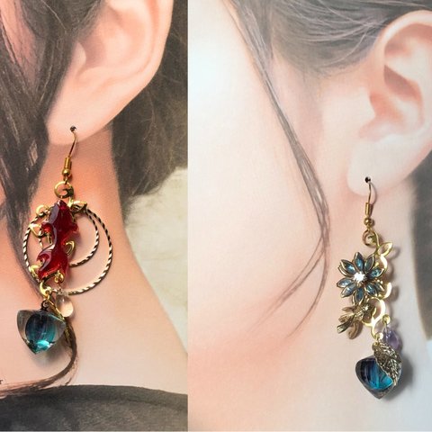 唐草泳ぐ金魚と蓮と鬼灯のピアス　イヤリング★レジンほおずきのアシンメトリー和風アクセサリー★