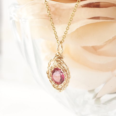お花!ピンクトパーズのネックレス 宝石質ラウンドファセットカット 14kgf 11月誕生石 ワイヤーラッピング 40㎝