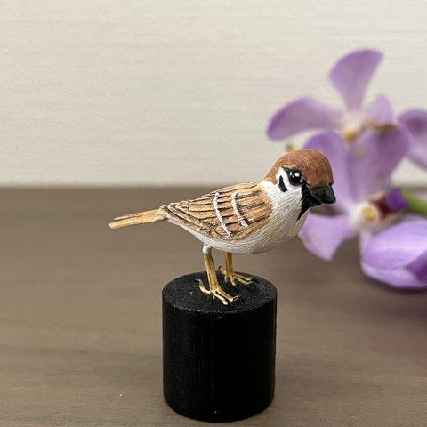 野鳥彫刻 すずめ首傾げ ミニチュア 