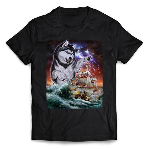 半袖Tシャツ 船を襲う シベリアンハスキー 海 雷 嵐 by FOX REPUBLIC