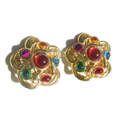 70s Vintage multicolor parts gold tone flower motif earrings
