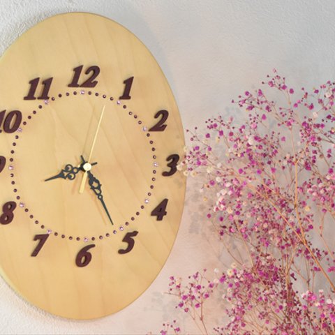 紫の数字がおしゃれな銀杏の木の掛け時計【クオーツ時計】