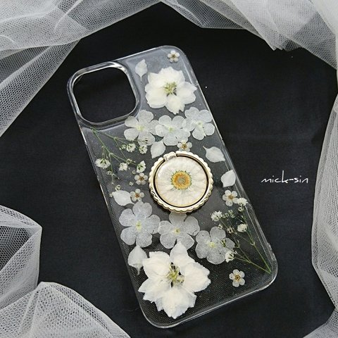 【全機種対応】ホワイトカラーのお花がいっぱいの押し花iphoneケース/押し花ケース（スマホリング付き）