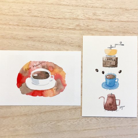 ☕️透明水彩画「珈琲通 coffee 」 北欧イラストポストカード 2枚セット　コーヒー　バレンタイン　父の日　メンズ☕️