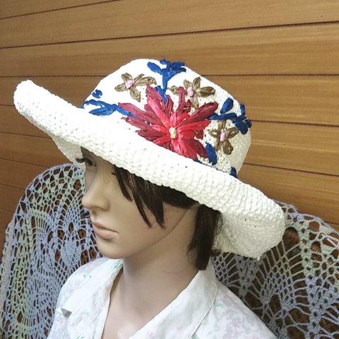 3☆ハマナカエコアンダリアの花刺しゅうのアンダリア帽子(ホワイト)