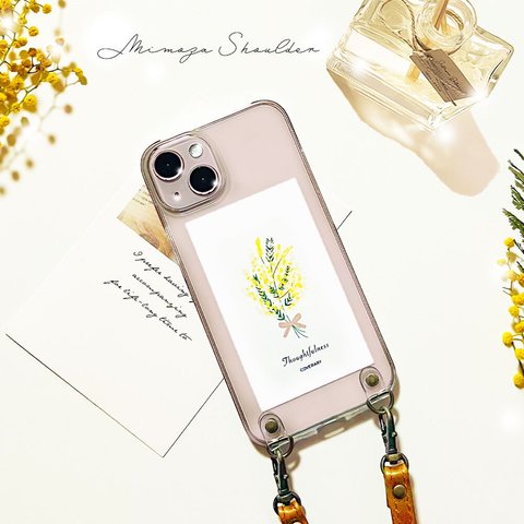 8色　本革　栃木レザー スマホショルダー　ミモザ クリアケース　全機種対応　お花　スマホケース　iPhone　Galaxy　Xperia　Googlepixel　AQUOS　#mm00000346a