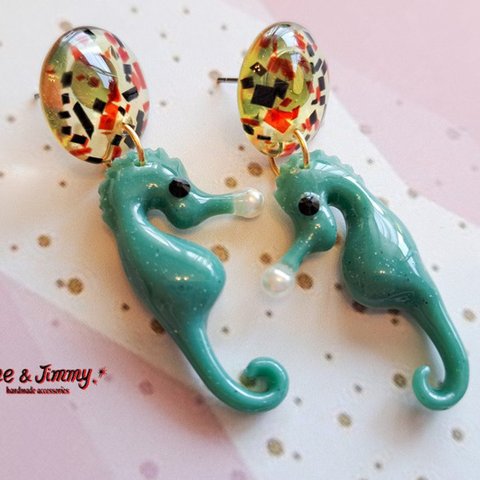 ●゜Bubbly seahorse earrings●゜ピアス・イヤリング【セラドングリーン】タツノオトシゴピアス