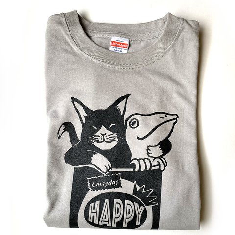 猫とカエルのTシャツ（ライトグレー）【M】男女兼用