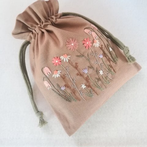 Winter garden (Light Brown)🌼刺繡巾着袋コットン100%
