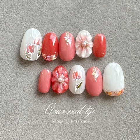 ▪️サイズオーダーネイルチップ▪️ tulip/pink nail tip  ネイルチップネイル　ぷくぷくフラワー　春ネイル　No.8