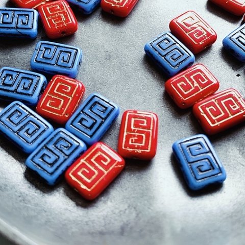 【2色ペア4コセット】#czech beads#チェコビーズ　稲妻　雷紋lightning rectangle12✖️9㍉ red/ bronze blue/ black