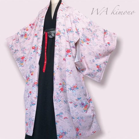 花柄着物カーディガン くしゅっと袖裾 着物コート 着物袖 和装 羽織 はおり ロングカーディガン 和柄 和 男女兼用 フリーサイズ ピンク 