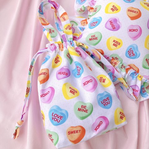 インポート⭐︎Candy Hearts キャンディーハーツ オリジナル 巾着バッグ ポーチ ミニ トートバッグ ハンドル パステルカラー ファンシー キャンディハーツ  韓国 かわいい エコバッグ