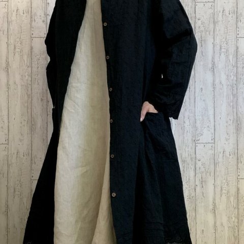 ２WAYの羽織り　黒花柄コットンレース・　ロングカーデ　コートワンピ　M～２L,３L～５Lサイズ　セミオーダーOK