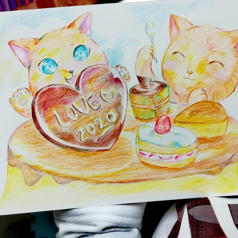 色鉛筆画　猫とスイーツ