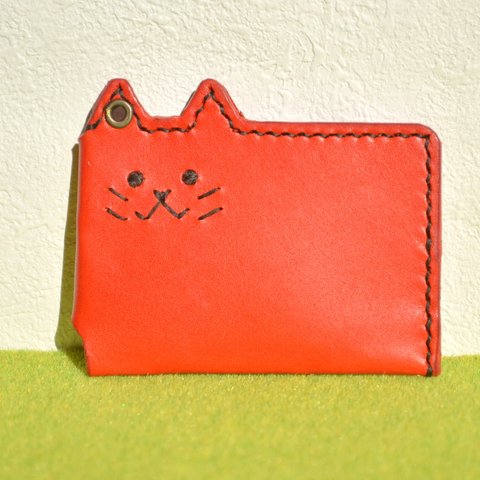 コゲちゃん　ICカードケース/パスケース 栃木レザー赤（手縫い）本革　皮　 Leather　猫