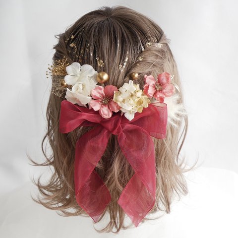 O9 オーガンジーリボン　ドライフラワー　髪飾り　赤　ピンク　ゴールド　桜　卒業式　袴　成人式　振袖　結婚式　