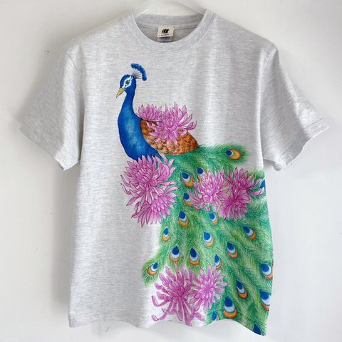 孔雀とクジャクサボテンの花柄手描きTシャツ