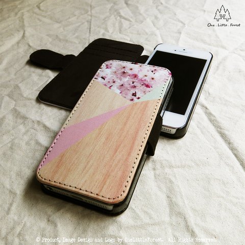 桜 フラワー Color Blocks ウッド 手帳型 iphone ケース [iPhone4/4s～iPhone8 , iPhone8 plus]★ パステル