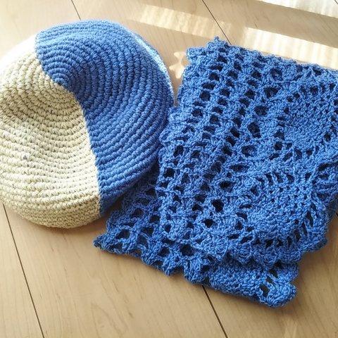 手編み♥送料込み♡ラベンダーのツートンカラーベレー帽とストール