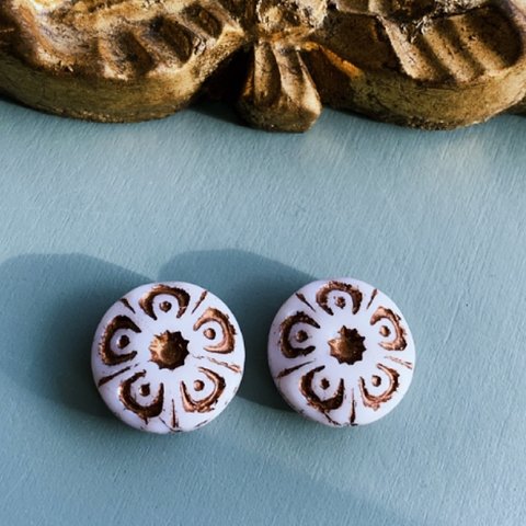 【1コずつ販売】JIRI＊IVANA#czech beads#チェコビーズ　flowerwheel UFO18㍉ white/copperうつろ舟