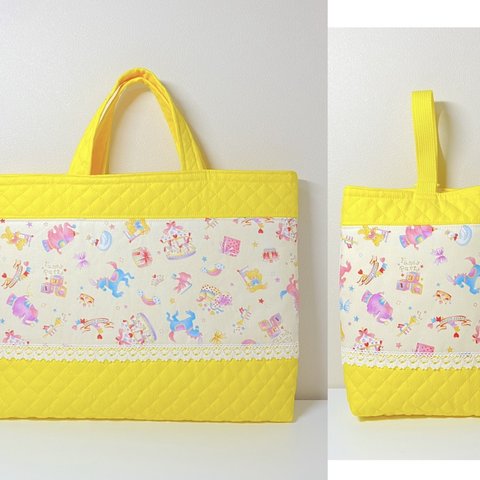 【お名前刺繍無料サービス】〈２点セット〉くまサーカス柄★ レッスンバッグ・シューズケース