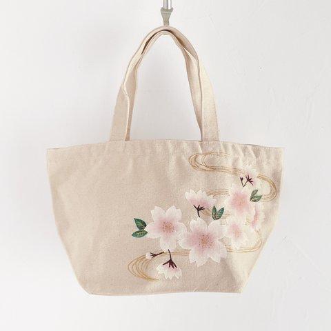 手描き波桜柄 キャンバスランチバッグ トートバッグ 桜 和風 春