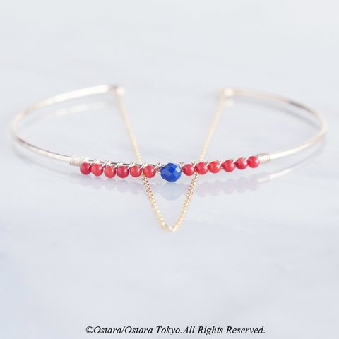 【14KGF】Hammered Open Chain Wire Bangle-CoralxLapis Lazuli-