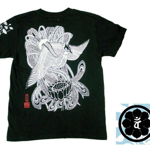 手描きプリントTシャツ「鳳凰と蓮」Ｓサイズ