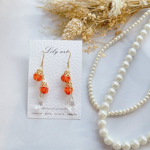 orange＆clear drop ディップフラワー揺らめきフックピアス/イヤリング