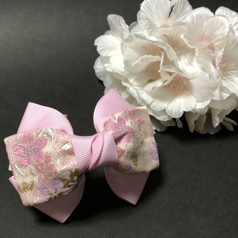 京都 西陣織 トリプルリボンバレッタ ピンク 桜 × ピンク