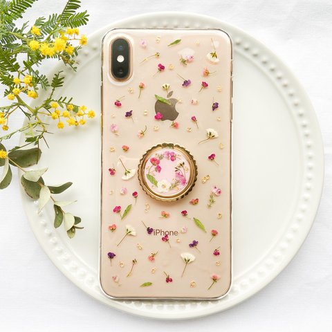 スマホリング付き かすみ草とアリッサムのケース iPhone11/11pro/11proMax/Xperia/Android スマホケース 押し花 iPhoneケース