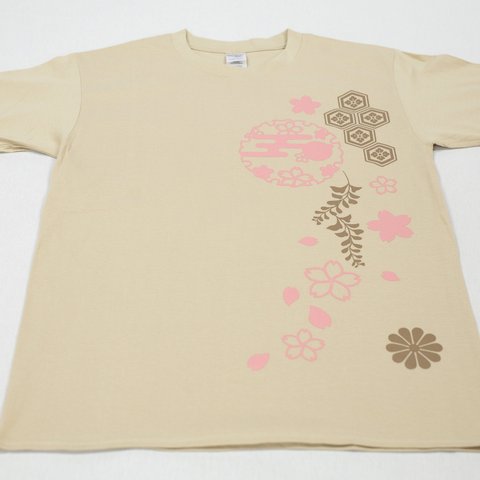 和柄Tシャツ（半袖・からし）桜・紋 Lサイズ