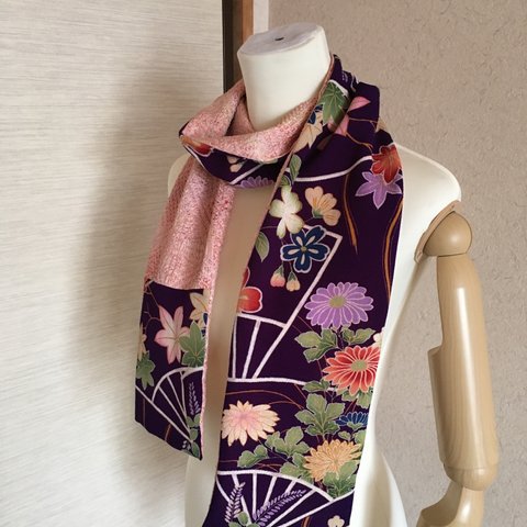 【着物リメイク】アンティーク　半幅ストール　古典柄×絞り　紫　正絹