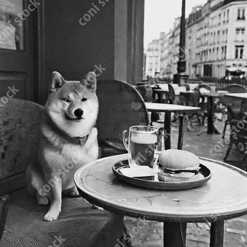 パリのカフェのテラス席に座る柴犬が遠くを見ている、昔の懐かしい写真、レトロ、モノクロ、アート、古びた写真　conistock_82503