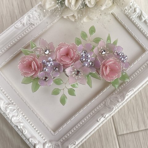 〈sold out〉大きめバレッタ「美しい仕草〜Spring bouquet」〜カーネーション・デルフィニウム・スーパートレニア　送料無料