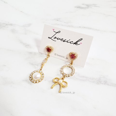 🎀冬セール🎁レットハート、リボンピアス/red heart and ribbon earring