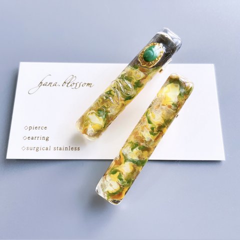 glass stick mimosa flower green hair clip